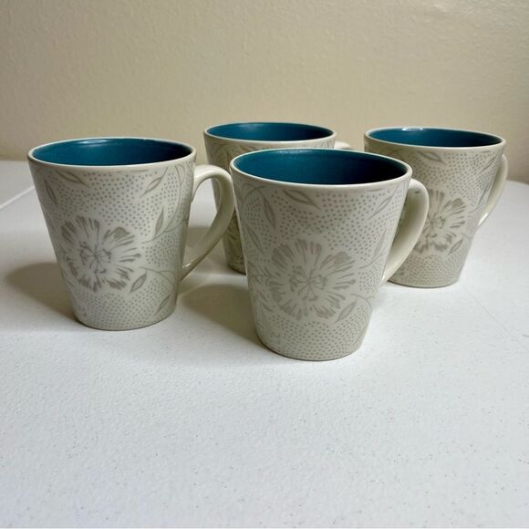 Noritake Stoneware Colorwave Turquoise Bloom Pattern Set 4 Coffee Mugs Cups Tea - Picture 2 of 10